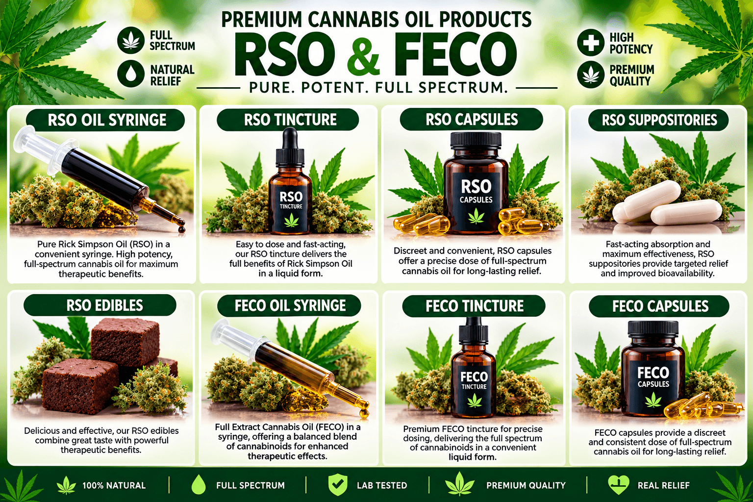 RSO and FECO product range: syringes, capsules, tinctures and edibles